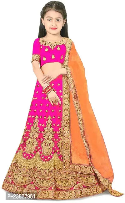 Femisha Creation Taffeta Satin Kids Girls Lehenga Choli (9-10 Years, Pink)-thumb0