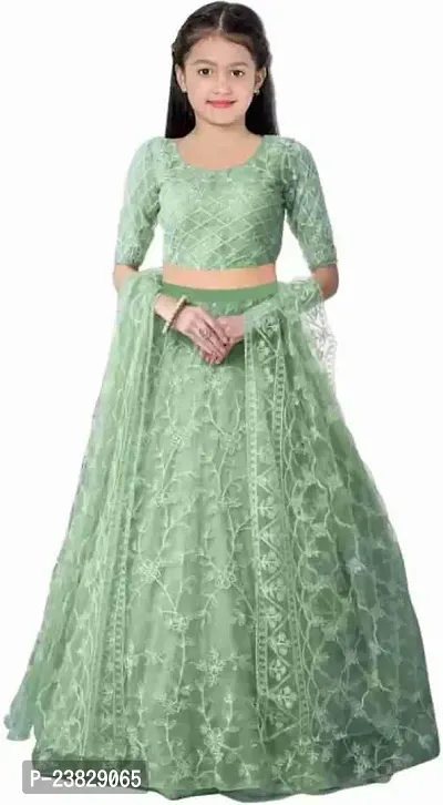 Femisha Creation Girls Net Heavy Work Wedding Semi Stitched Lehenga Choli With Dupatta Set (11-12 Years, Pista)-thumb0