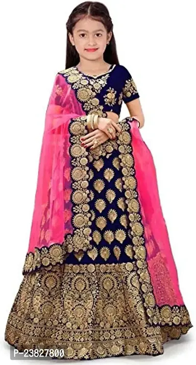 Femisha Creation Taffeta Satin Girls Lehenga Choli (11-12 Years, Navy Blue)-thumb0