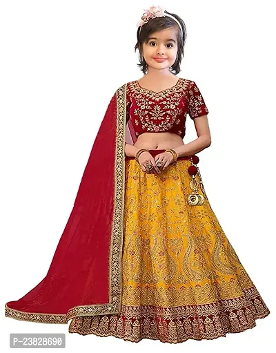 Femisha Creation Girls Taffeta Satin Latest Embroidered Lehenga Choli With Dupatta Set (9-10 Years, Yellow)-thumb0