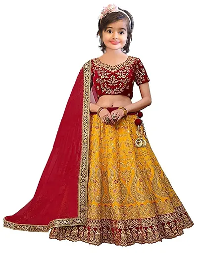 Harshiv Creation Satin Heavy Embroidered Girls Traditional Semi Stitched Lehenga Choli_(Suitable To 1-15 Years Girls)Free Size