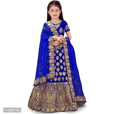 Femisha Creation Taffeta Satin Girls Lehenga Choli (5-6 Years, Royal Blue)-thumb0