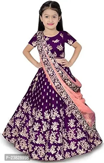 Femisha Creation Girls Embroidered Lehenga, Choli and Dupatta Set (12-13 Years, Purple)-thumb0