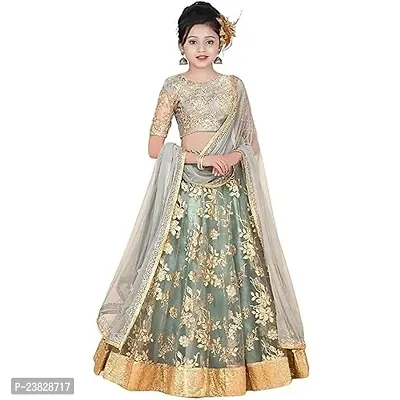 Femisha Creation Girls Net With Satin Flower Embroidered Lehenga Choli (3-4 Years, Grey),3 Years-4 Years