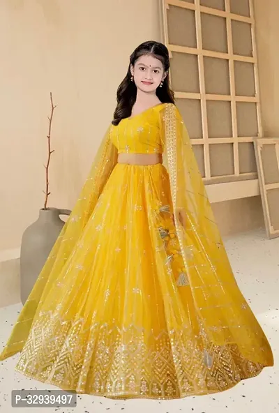 Girls Yellow Net Embroidered Traditional Semi Stitched Lehenga Choli-thumb0