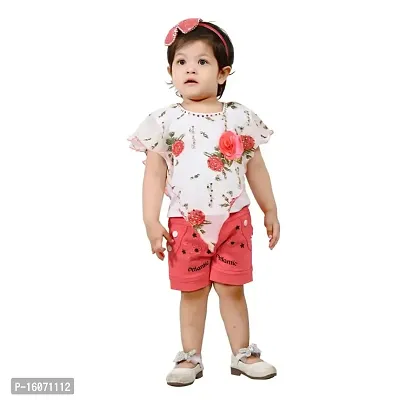 Teen Hug Baby Girls Party Festive Top  Shorts sets cotton blend top and denim shorts Red color (Size 6 Months up to 2Years)