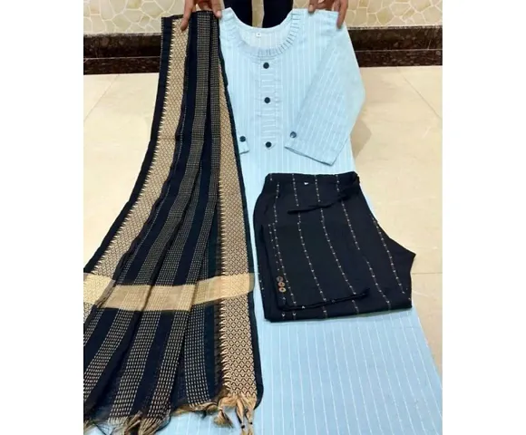 Stylish Blend Striped Kurta, Bottom and Dupatta Set For Women