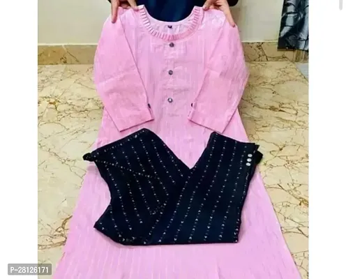 Stylish Pink Cotton Blend Striped Kurta Bottom Set For Women-thumb0