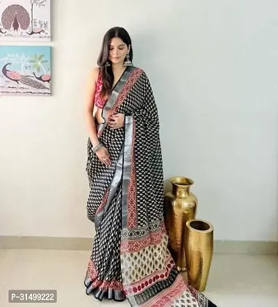 Stylish Black Linen Blend Printed Saree With Blouse Piece For Women-thumb0