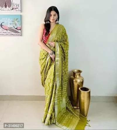 Stylish Green Linen Blend Printed Saree With Blouse Piece For Women-thumb0