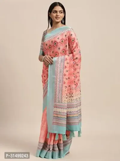 Stylish Peach Linen Blend Printed Saree With Blouse Piece For Women-thumb0