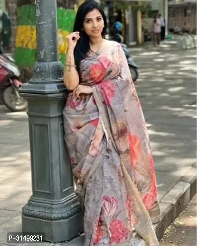 Stylish Multicoloured Linen Blend Printed Saree With Blouse Piece For Women-thumb0