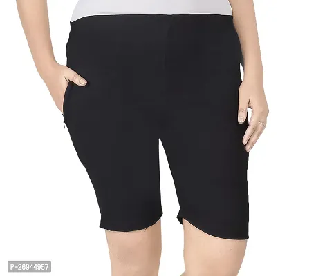 Black Colour Lycra Short Zip Pocket Women Shorts