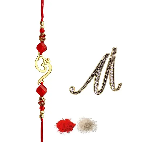 FURE Om Beads Rakhi (Golden) Initial Brooch for Brother