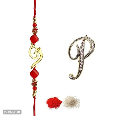 FURE Om Beads Rakhi (Golden)  P Initial Brooch for Brother