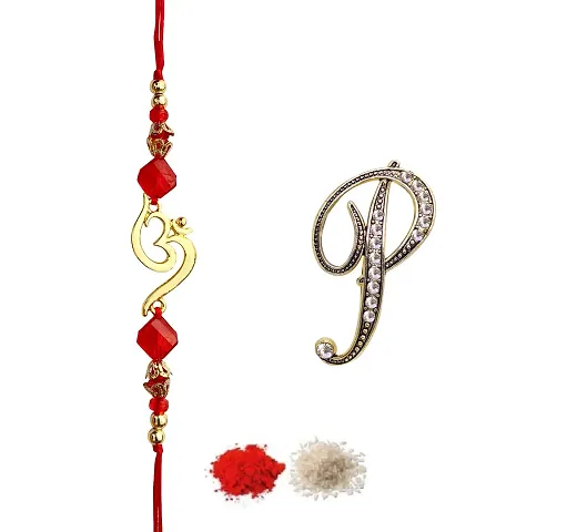 FURE Om Beads Rakhi (Golden) P Initial Brooch for Brother