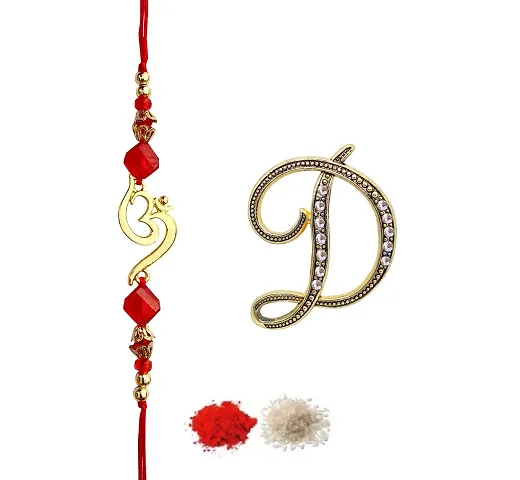 FURE Om Beads Rakhi (Golden) D Initial Brooch for Brother