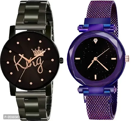 ZUPERIA Combo of Prism Glass Crystal Chain and Magnetic Strap Analog Watches for Men & Women (Purple)