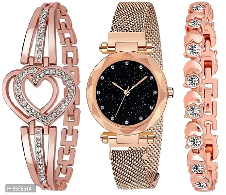 ZUPERIA Diamond Studded Rose Gold Analogue Watch with 2 Bracelets for Girls & Women (12 p Rg MGNT)-thumb0