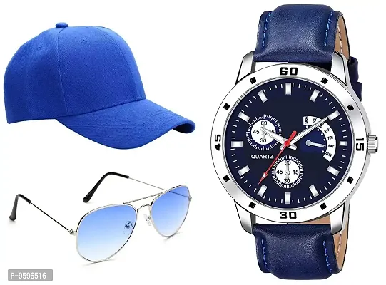 ZUPERIA Men's & Boy's Round Sunglasses With Analogue Watch & Cap (Blue Lens)-thumb0