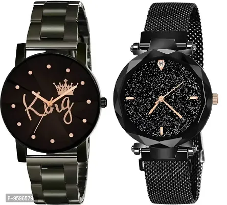 ZUPERIA Combo of Prism Glass Crystal Chain and Magnetic Strap Analog Watches for Men & Women (Black)