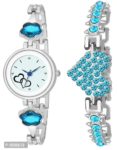 ZUPERIA Stylish & Sleek Blue Diamonds Studded Analogue Watch with Fancy Bracelet for Girls and Women (Blu Heart Dots)-thumb0