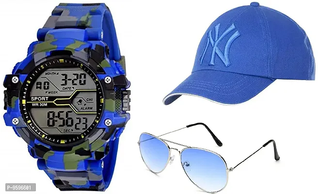 Zuperia Dazzling Combo of Multicolored Digital Watch,Cap and Eyeglass for Boys and Men (Blue)