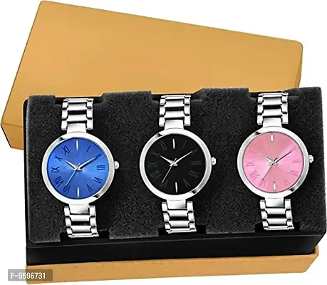 ZUPERIA Silver Metal Strap Analog Multi Color Dial Pack of 3 Combo Watches for Women and Girls-thumb0