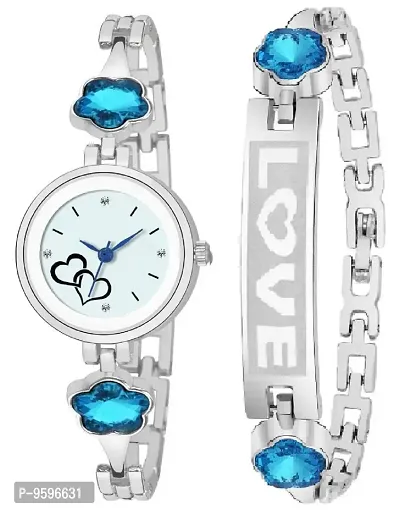 ZUPERIA Stylish & Sleek Blue Diamonds Studded Analogue Watch with Fancy Bracelet for Girls and Women (Love Printed)