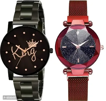 ZUPERIA Combo of Prism Glass Crystal Chain and Magnetic Strap Analog Watches for Men & Women (Red)-thumb0