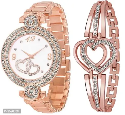 Zuperia Diamond Studded Rose Gold Watch & Bracelet Combo Set for Girls & Women