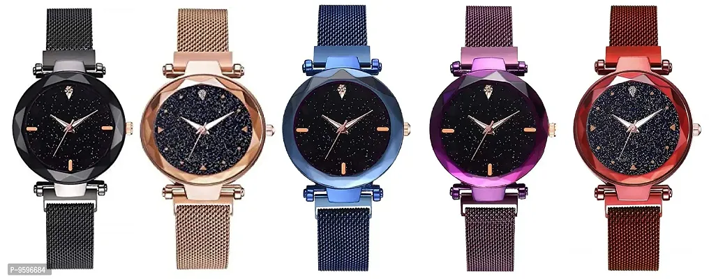 Zuperia Black Dial Combo of Magnet Watch - Combo of 5 - for Girls & Women