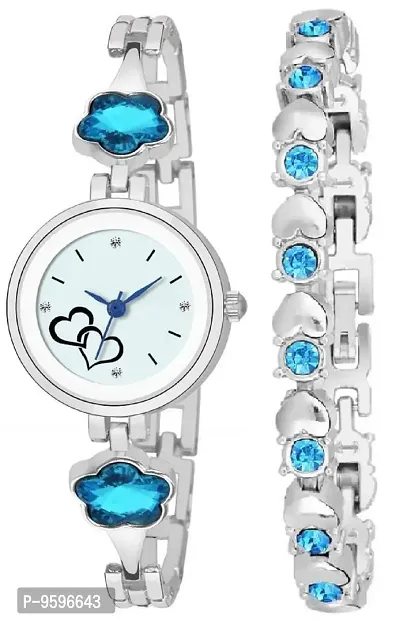 ZUPERIA Stylish & Sleek Blue Diamonds Studded Analogue Watch with Fancy Bracelet for Girls and Women (Silver Dot)