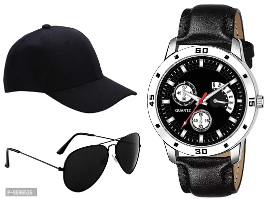 ZUPERIA Combo Pack of Boys Analogue Black Dial Watch Stylish Cap and Sunglasses for Boys & Men (Black)