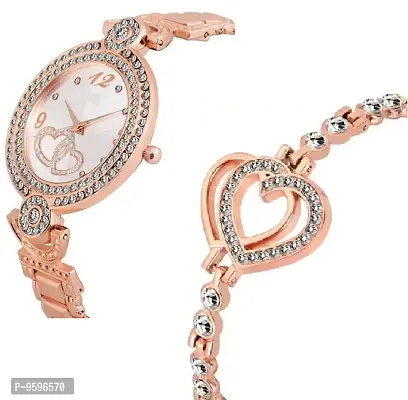 ZUPERIA Women's Diamond Studded Analogue White Dial Rose Gold Watch with 2 Hearts Bracelet-thumb2