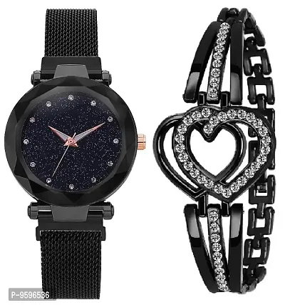 ZUPERIA Black Magnetic Band Analogue Watch  Two Hearts Black Diamond Bracelet for Girls and Women(Pack of 2)
