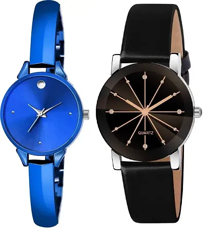 Zuperia Combo of Crystal Glass Leather Strap Watch and Bangle Analog Watch for Girls and Women
