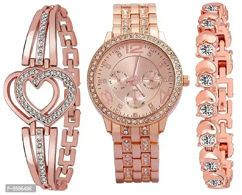 ZUPERIA Diamond Studded Rose Gold Analogue Watch with 2 Bracelets for Girls & Women (RG Gevna)