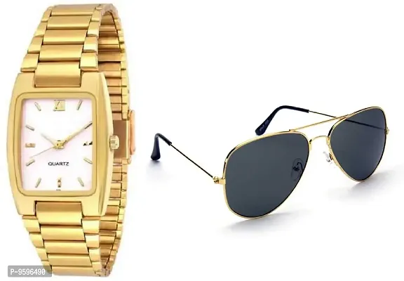 ZUPERIA Gold Chain Analog Watch with Free Sunglasses for Boys & Men (Black)