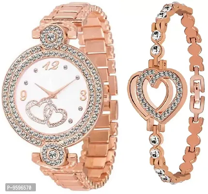 ZUPERIA Women's Diamond Studded Analogue White Dial Rose Gold Watch with 2 Hearts Bracelet-thumb0