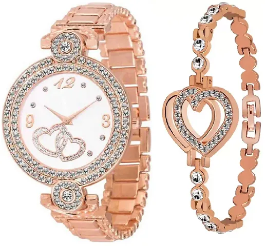 Zuperia Diamond Studded Watch & Bracelet Combo Set for Girls & Women