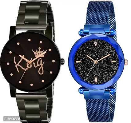 ZUPERIA Combo of Prism Glass Crystal Chain and Magnetic Strap Analog Watches for Men & Women (Blue)