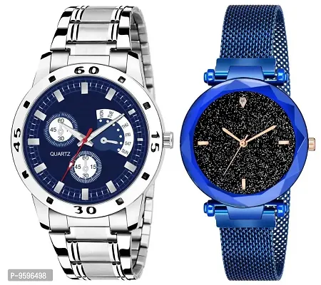 ZUPERIA Stainless Steel & Magnetic Chain Analog Watch Combo for Men & Women (Blue)