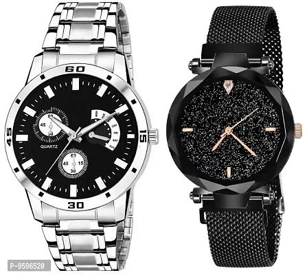 ZUPERIA Stainless Steel & Magnetic Chain Analog Watch Combo for Men & Women (Black)-thumb0