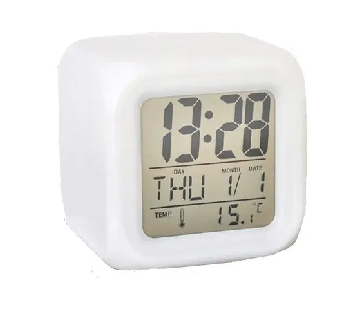 Plastic Digital Alarm Clock with Automatic 7 Colour Changing LED Date Time Temperature Digital Alarm Clock WHITE