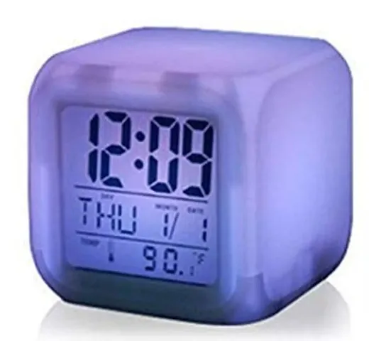 Dealzone Plastic Automatic 7 Color Lights Changing LED Alarm Clocks with Date, Time, Temperature for Kids and Mini Clock with Stopwatch (7.5x7.5x7.5 cm , Green)