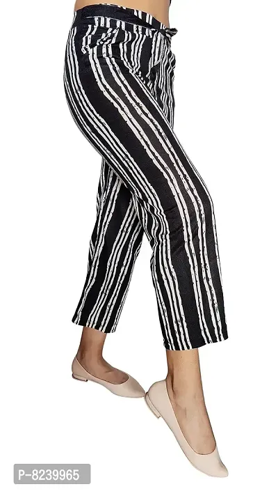 zebaya Women's Regular Fit Palazzo (Waist Size 28 to 30) Black  White Striped mid-Rise Parallel Trousers, has a Slip-on Closure, Two Pockets, Waist tie-up.-thumb0