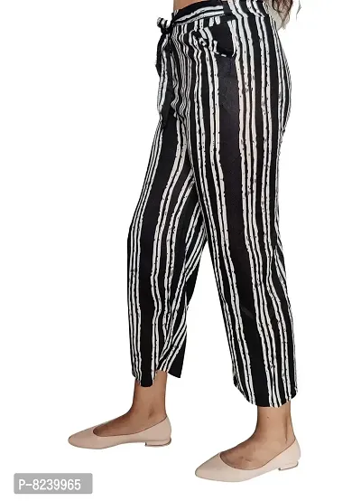 zebaya Women's Regular Fit Palazzo (Waist Size 28 to 30) Black  White Striped mid-Rise Parallel Trousers, has a Slip-on Closure, Two Pockets, Waist tie-up.-thumb3