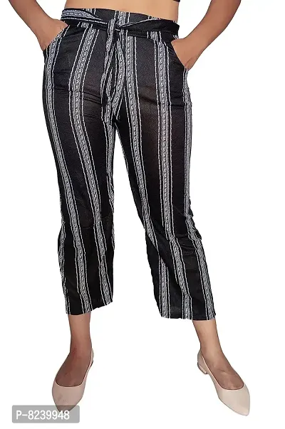 zebaya Girls's Regular Fit Palazzo Trouser Pants (Waist Size 28 to 30). Black  White Striped mid-Rise Parallel Trousers, has a Slip-on Closure, Two Pockets, Waist tie-up.-thumb2
