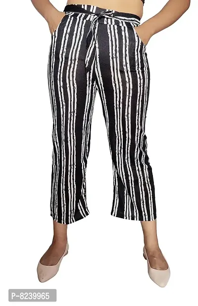 zebaya Women's Regular Fit Palazzo (Waist Size 28 to 30) Black  White Striped mid-Rise Parallel Trousers, has a Slip-on Closure, Two Pockets, Waist tie-up.-thumb2